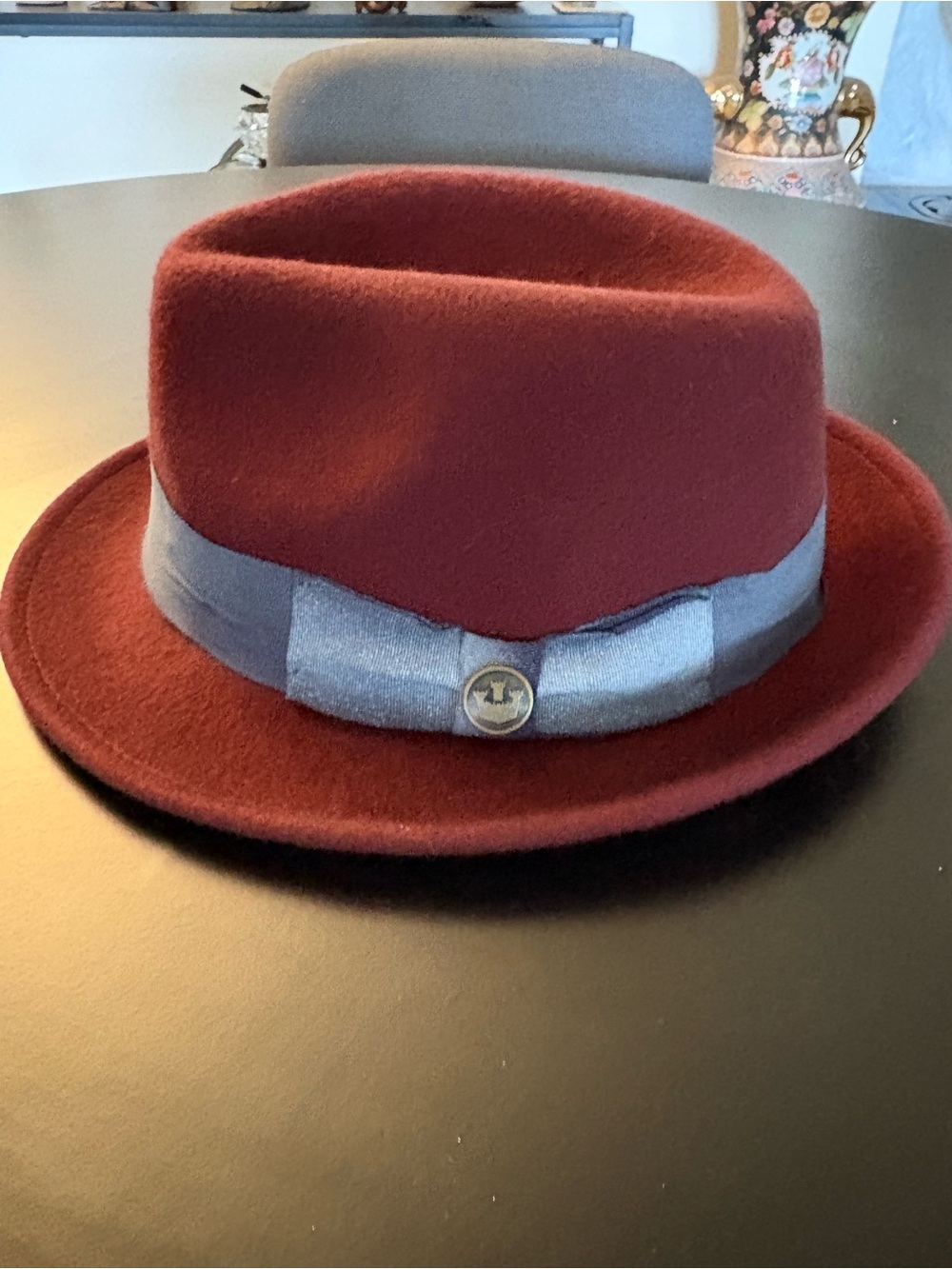 Goorin Bros Burgundy Fedora with Gray Lining and Gold Logo